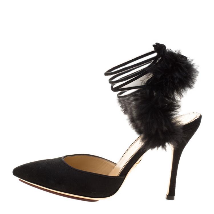 Pre Owned Charlotte Olympia Black Suede and Fur Trim Tango Pointed Toe Sandals Size 38
