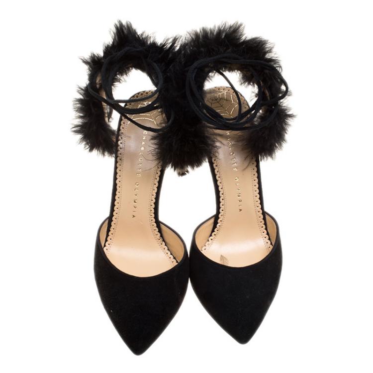 Pre Owned Charlotte Olympia Black Suede and Fur Trim Tango Pointed Toe Sandals Size 38
