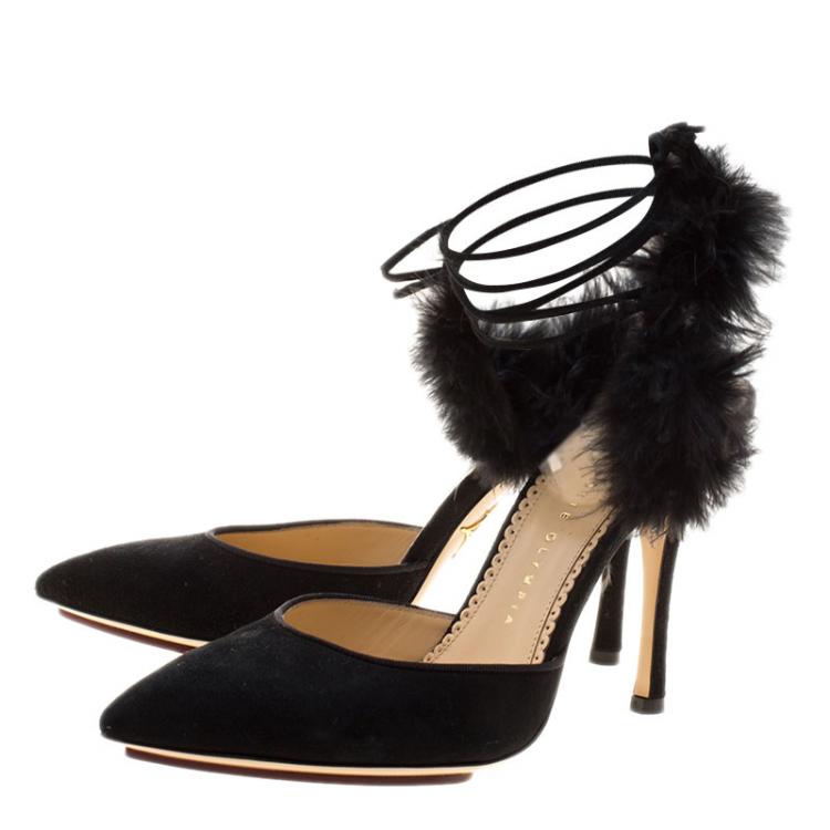 Pre Owned Charlotte Olympia Black Suede and Fur Trim Tango Pointed Toe Sandals Size 38