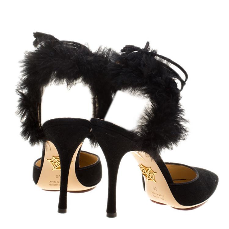 Pre Owned Charlotte Olympia Black Suede and Fur Trim Tango Pointed Toe Sandals Size 38