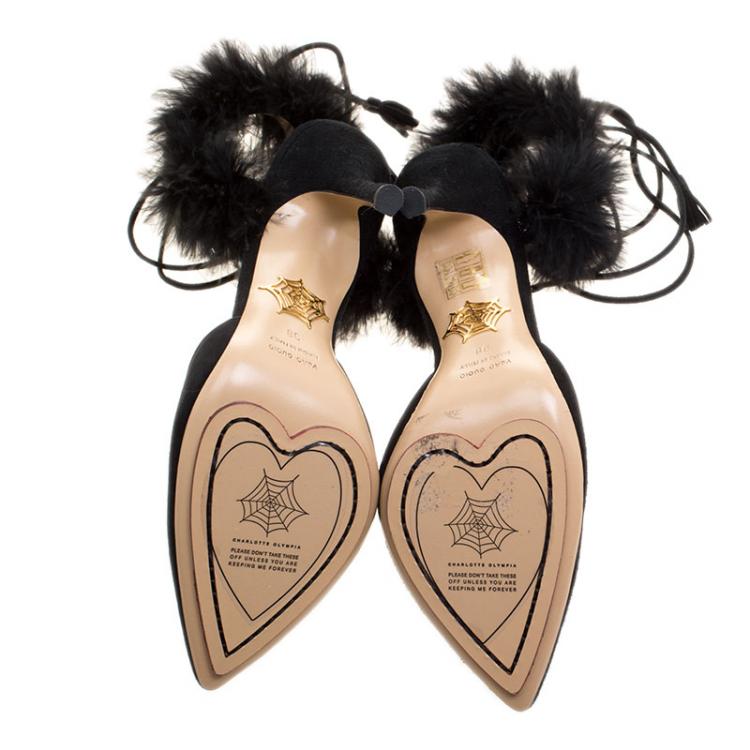 Pre Owned Charlotte Olympia Black Suede and Fur Trim Tango Pointed Toe Sandals Size 38