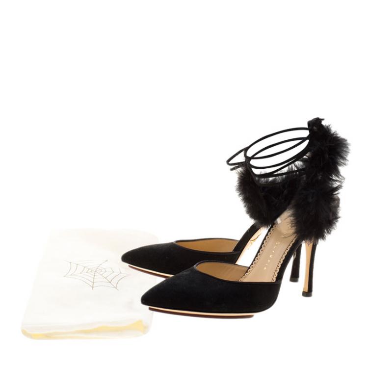 Pre Owned Charlotte Olympia Black Suede and Fur Trim Tango Pointed Toe Sandals Size 38