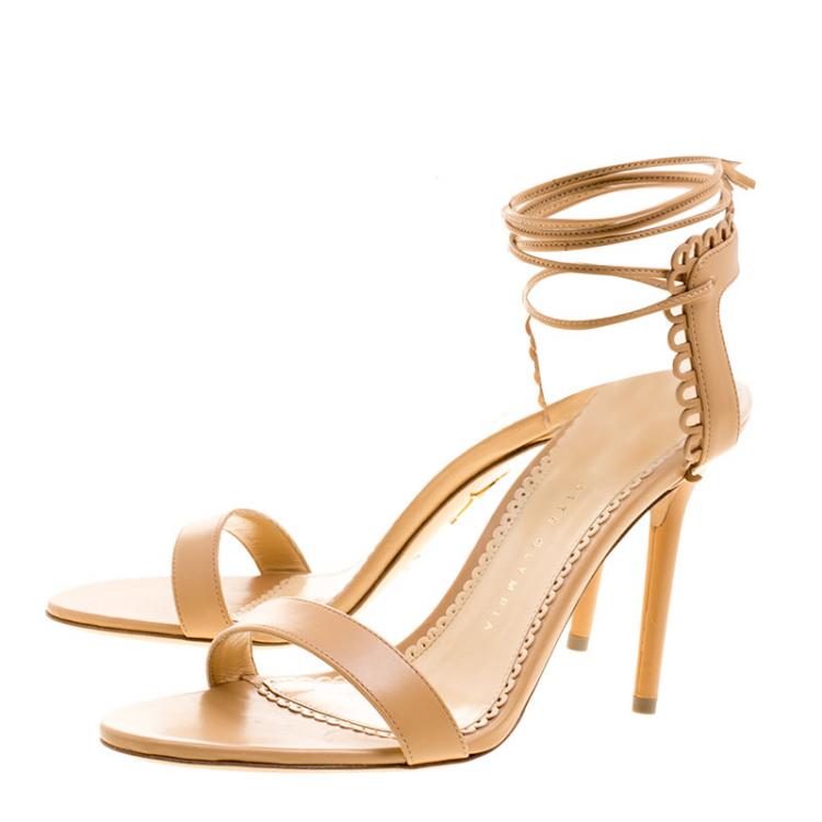 Pre Owned Charlotte Olympia Beige Scalloped Leather Salsa Ankle Tie Sandals Size 37.5