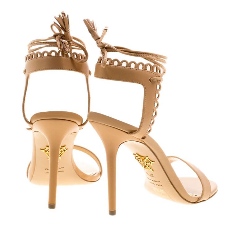 Pre Owned Charlotte Olympia Beige Scalloped Leather Salsa Ankle Tie Sandals Size 37.5