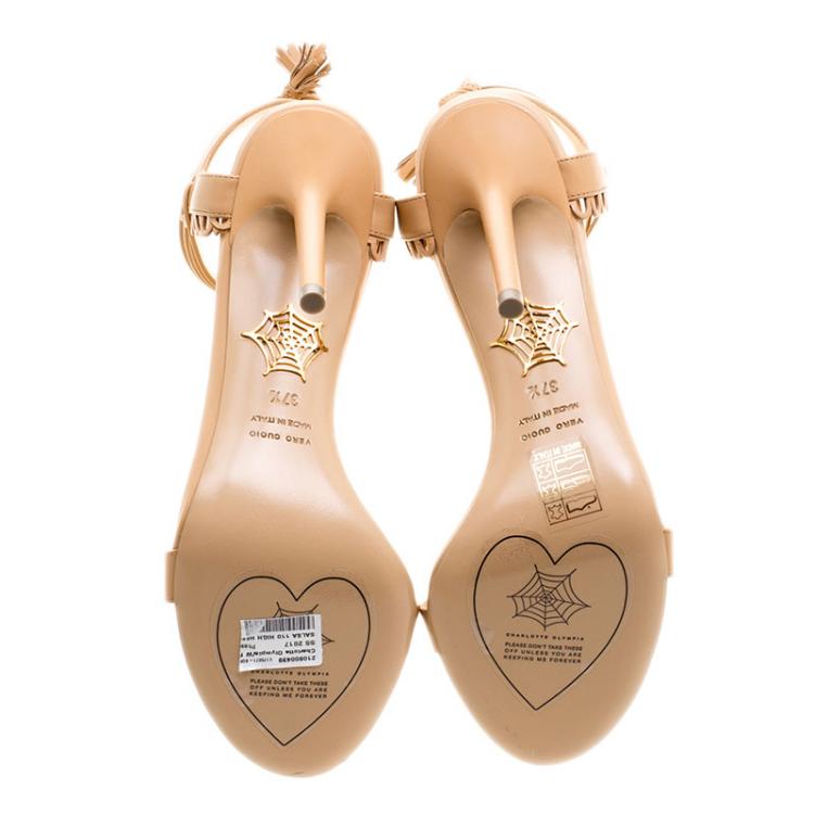Pre Owned Charlotte Olympia Beige Scalloped Leather Salsa Ankle Tie Sandals Size 37.5
