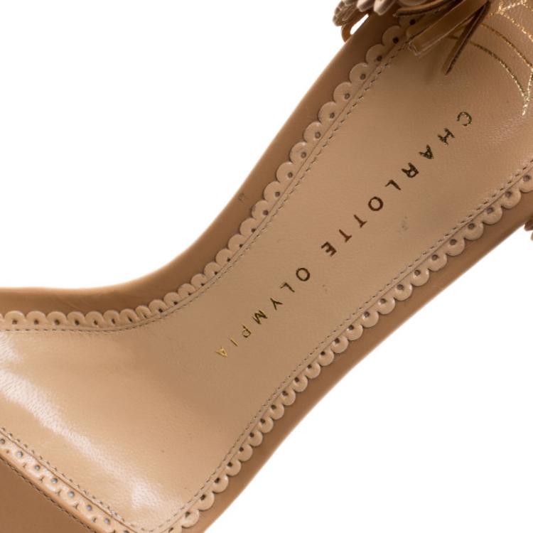 Pre Owned Charlotte Olympia Beige Scalloped Leather Salsa Ankle Tie Sandals Size 37.5