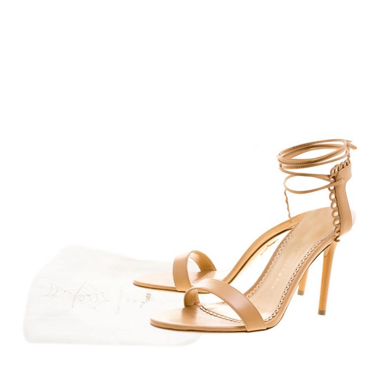 Pre Owned Charlotte Olympia Beige Scalloped Leather Salsa Ankle Tie Sandals Size 37.5