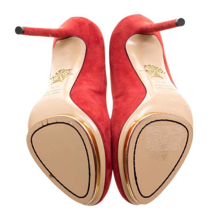 Pre Owned Charlotte Olympia Red Suede Dotty Platform Pumps Size 37.5