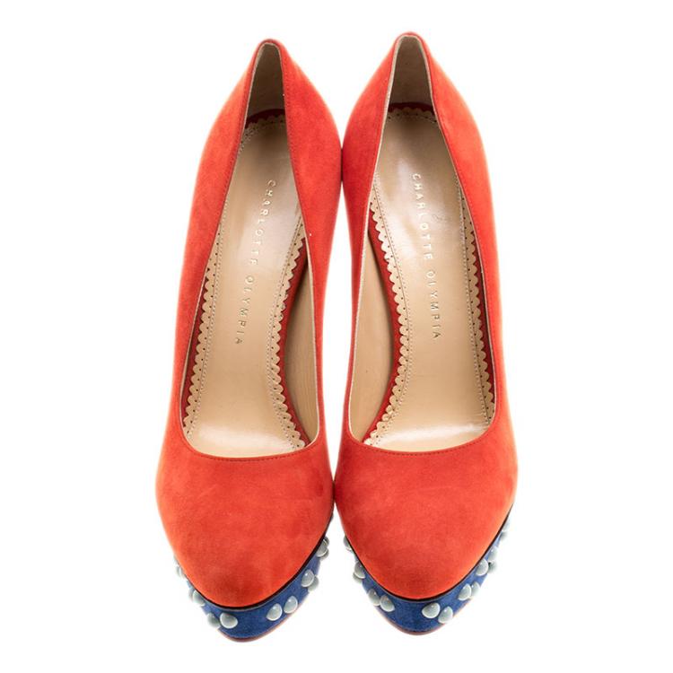 Pre Owned Charlotte Olympia Tricolor Suede Dolly Studs Platform Pumps Size 40