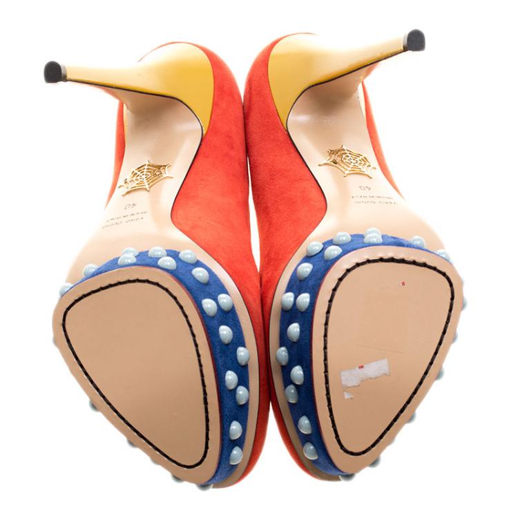 Pre Owned Charlotte Olympia Tricolor Suede Dolly Studs Platform Pumps Size 40