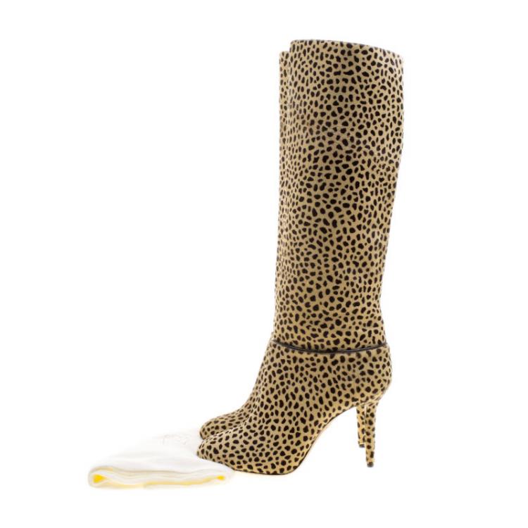 Pre Owned Charlotte Olympia Beige Leopard Print Pony Hair Corine Knee High Boots Size 39