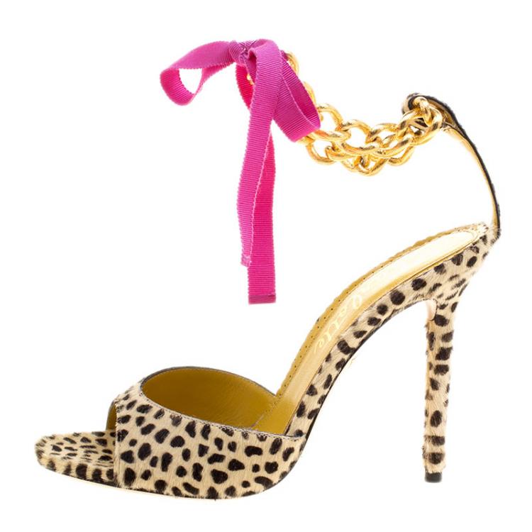 Pre Owned Charlotte Olympia Beige Leopard Print Pony Hair Chain Ankle Strap Sandals Size 38
