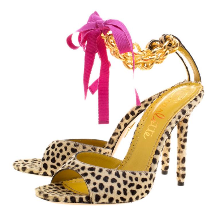 Pre Owned Charlotte Olympia Beige Leopard Print Pony Hair Chain Ankle Strap Sandals Size 38