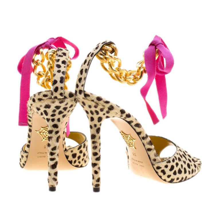 Pre Owned Charlotte Olympia Beige Leopard Print Pony Hair Chain Ankle Strap Sandals Size 38