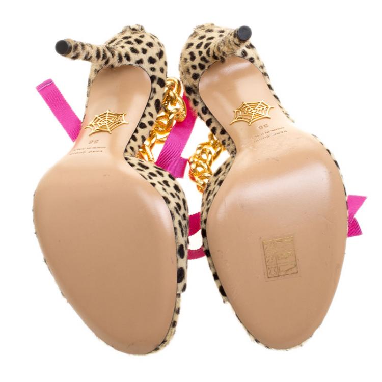 Pre Owned Charlotte Olympia Beige Leopard Print Pony Hair Chain Ankle Strap Sandals Size 38