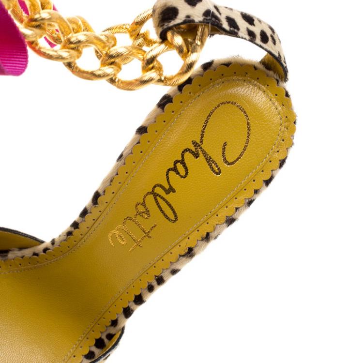 Pre Owned Charlotte Olympia Beige Leopard Print Pony Hair Chain Ankle Strap Sandals Size 38