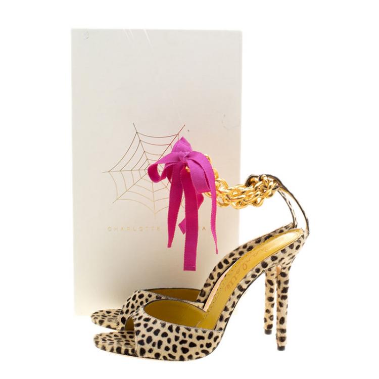 Pre Owned Charlotte Olympia Beige Leopard Print Pony Hair Chain Ankle Strap Sandals Size 38