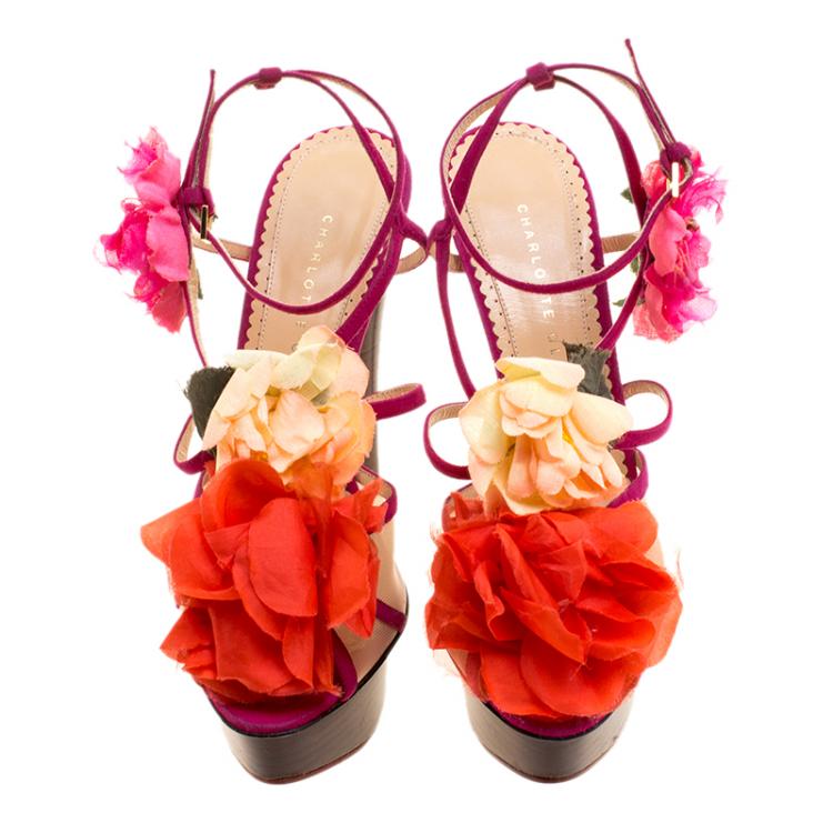 Pre Owned Charlotte Olympia Pink Suede and Mesh Botanica Flower Embellished Platform Sandals Size 38