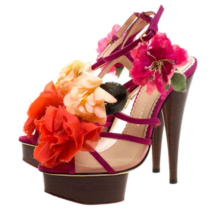 Pre Owned Charlotte Olympia Pink Suede and Mesh Botanica Flower Embellished Platform Sandals Size 38