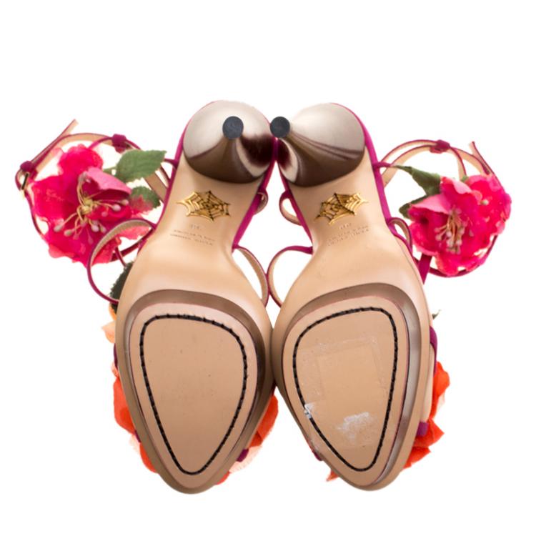 Pre Owned Charlotte Olympia Pink Suede and Mesh Botanica Flower Embellished Platform Sandals Size 38