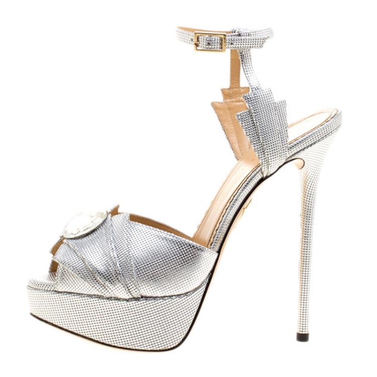 Pre Owned Charlotte Olympia Metallic Silver Leather Sky Scraper Crystal Embellished Peep Toe Ankle Strap Platform Sandals Size 37
