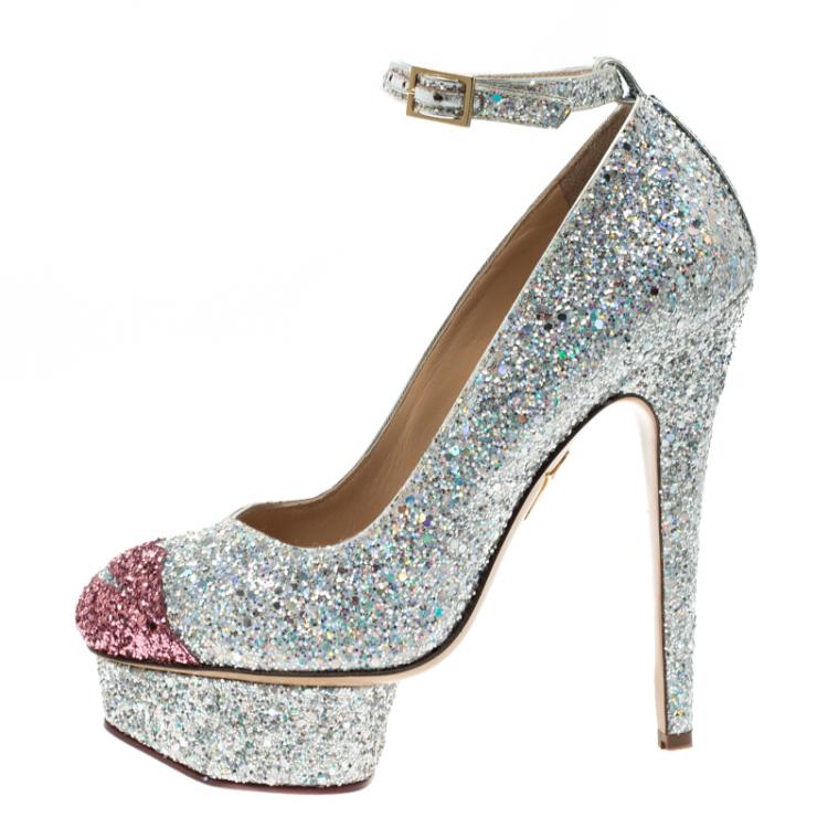 Pre Owned Charlotte Olympia Two Tone Glitter Kiss Me Dolores! Ankle Strap Platform Pumps Size 36.5 