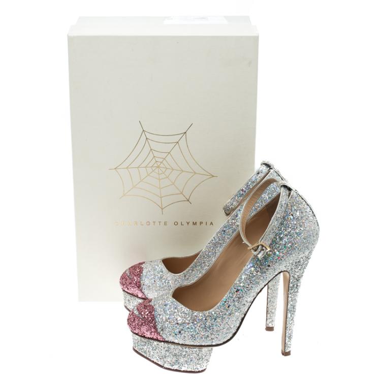Pre Owned Charlotte Olympia Two Tone Glitter Kiss Me Dolores! Ankle Strap Platform Pumps Size 36.5 