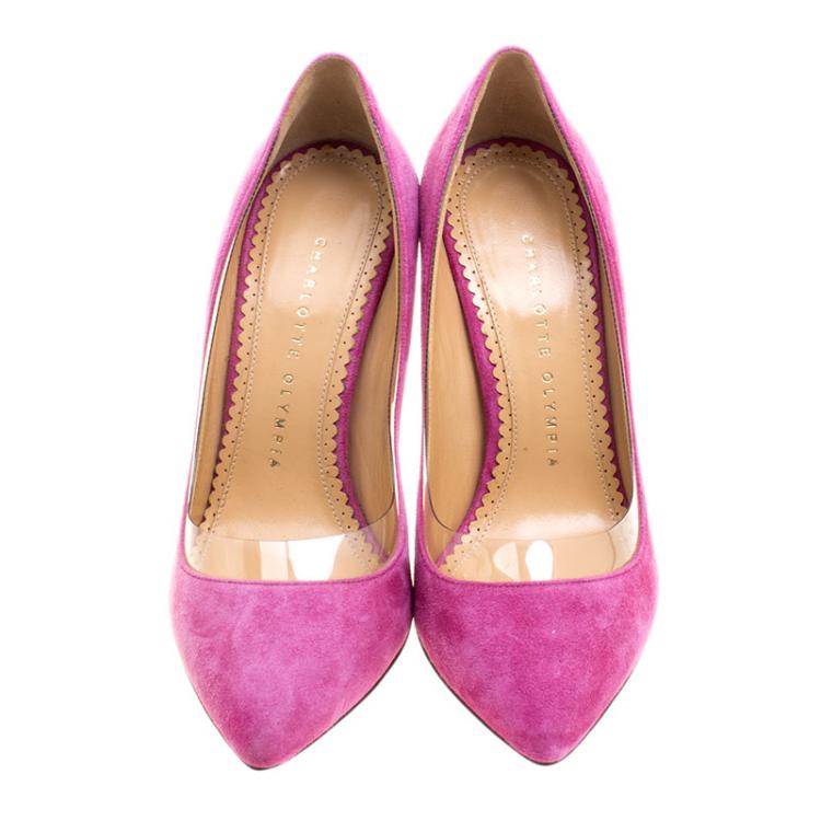 Pre Owned Charlotte Olympia Pink Suede and PVC Trim Monroe Pointed Toe Pumps Size 35.5