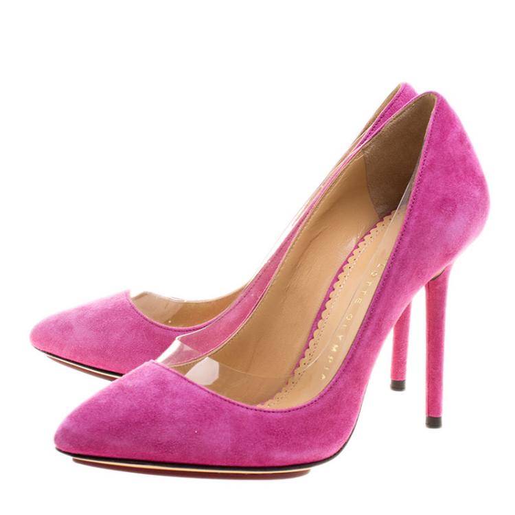Pre Owned Charlotte Olympia Pink Suede and PVC Trim Monroe Pointed Toe Pumps Size 35.5