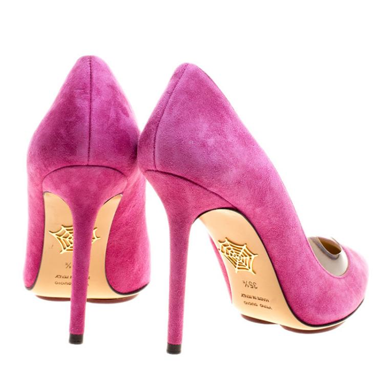 Pre Owned Charlotte Olympia Pink Suede and PVC Trim Monroe Pointed Toe Pumps Size 35.5