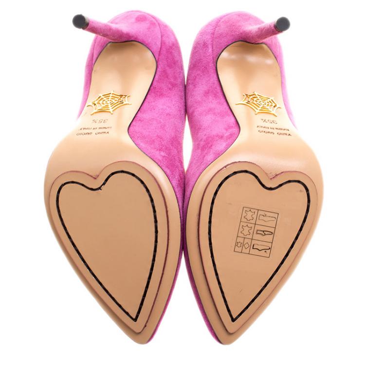 Pre Owned Charlotte Olympia Pink Suede and PVC Trim Monroe Pointed Toe Pumps Size 35.5