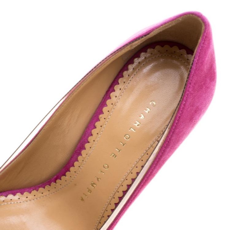 Pre Owned Charlotte Olympia Pink Suede and PVC Trim Monroe Pointed Toe Pumps Size 35.5