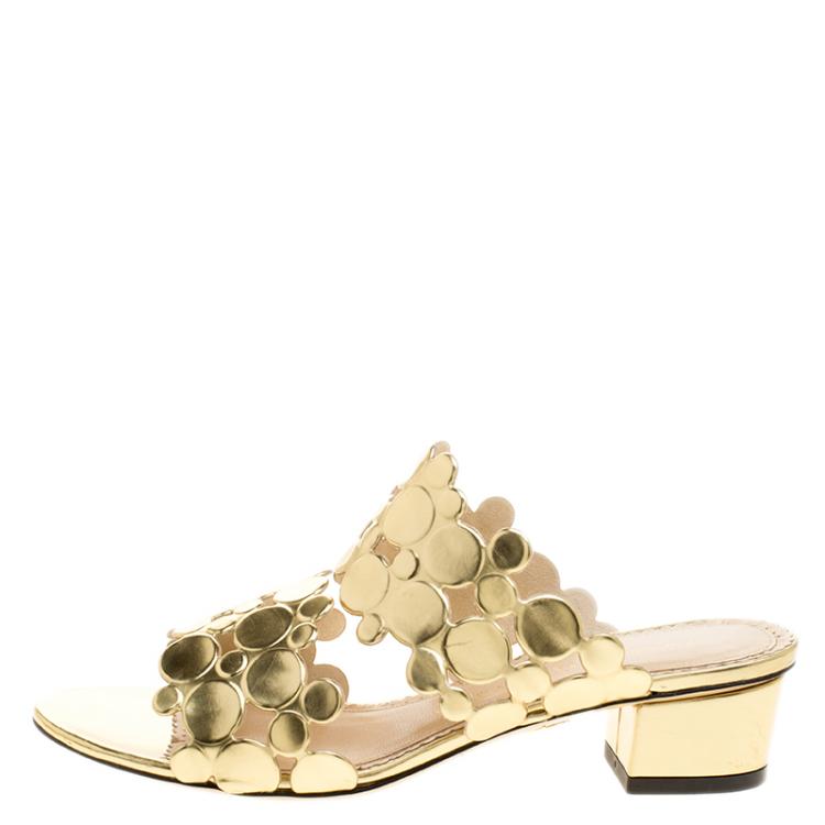 Pre Owned Charlotte Olympia Metallic Gold Leather Conceptual Peep Toe Slides Size 36