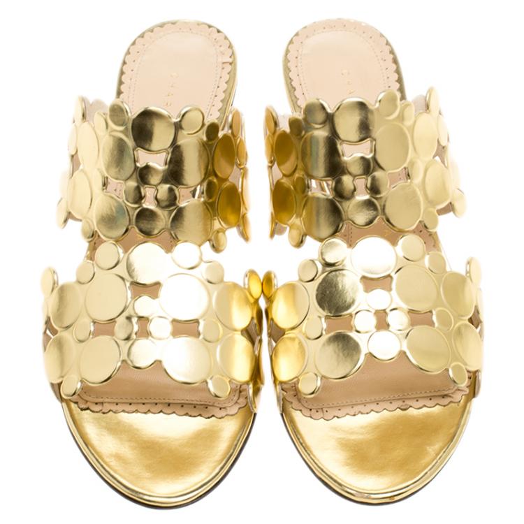 Pre Owned Charlotte Olympia Metallic Gold Leather Conceptual Peep Toe Slides Size 36