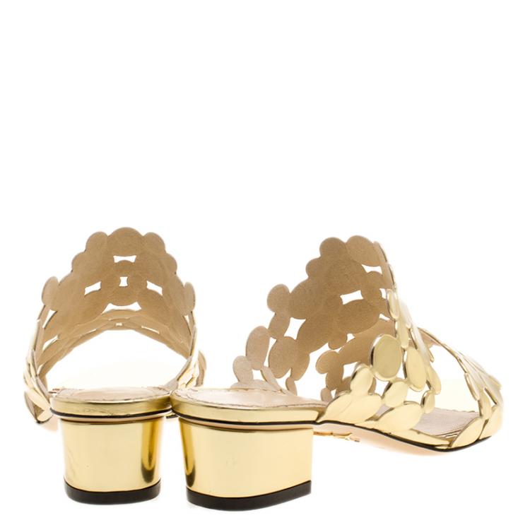 Pre Owned Charlotte Olympia Metallic Gold Leather Conceptual Peep Toe Slides Size 36