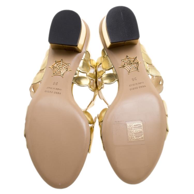 Pre Owned Charlotte Olympia Metallic Gold Leather Conceptual Peep Toe Slides Size 36