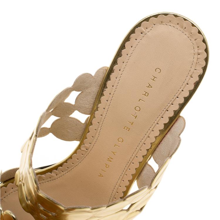 Pre Owned Charlotte Olympia Metallic Gold Leather Conceptual Peep Toe Slides Size 36