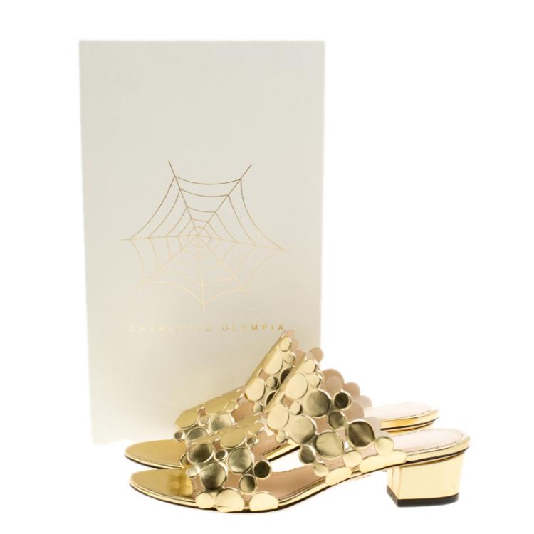 Pre Owned Charlotte Olympia Metallic Gold Leather Conceptual Peep Toe Slides Size 36