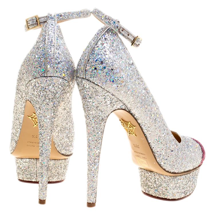 Pre Owned Charlotte Olympia Two Tone Glitter Kiss Me Dolores! Ankle Strap Platform Pumps Size 39.5 