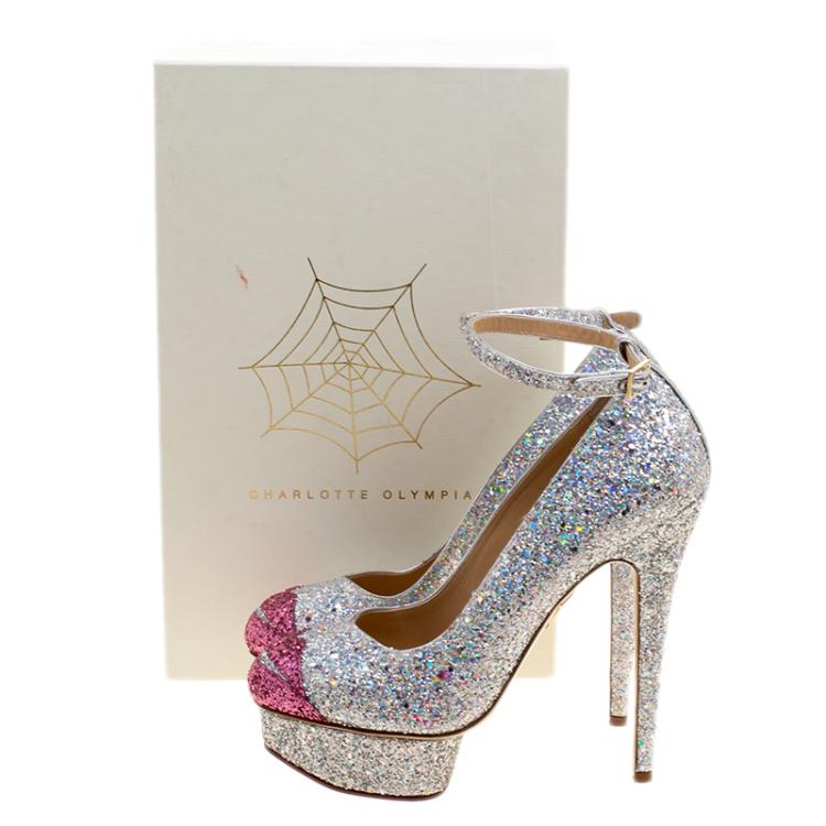 Pre Owned Charlotte Olympia Two Tone Glitter Kiss Me Dolores! Ankle Strap Platform Pumps Size 39.5 