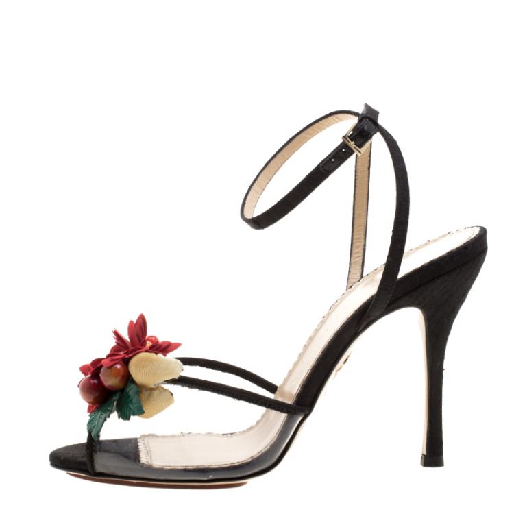 Pre Owned Charlotte Olympia Black Canvas And PVC Tropicana Embellished Sandals Size 40