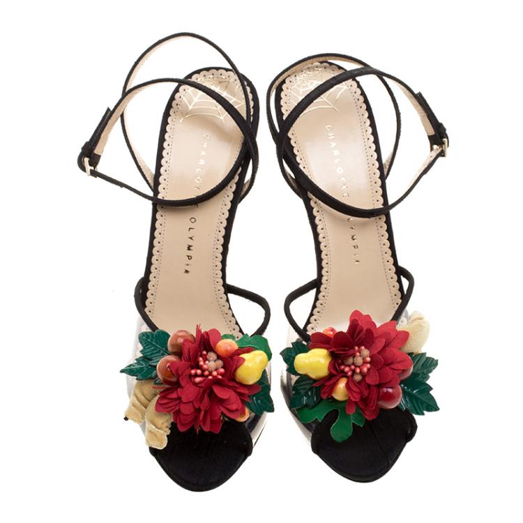 Pre Owned Charlotte Olympia Black Canvas And PVC Tropicana Embellished Sandals Size 40