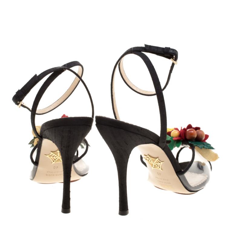 Pre Owned Charlotte Olympia Black Canvas And PVC Tropicana Embellished Sandals Size 40