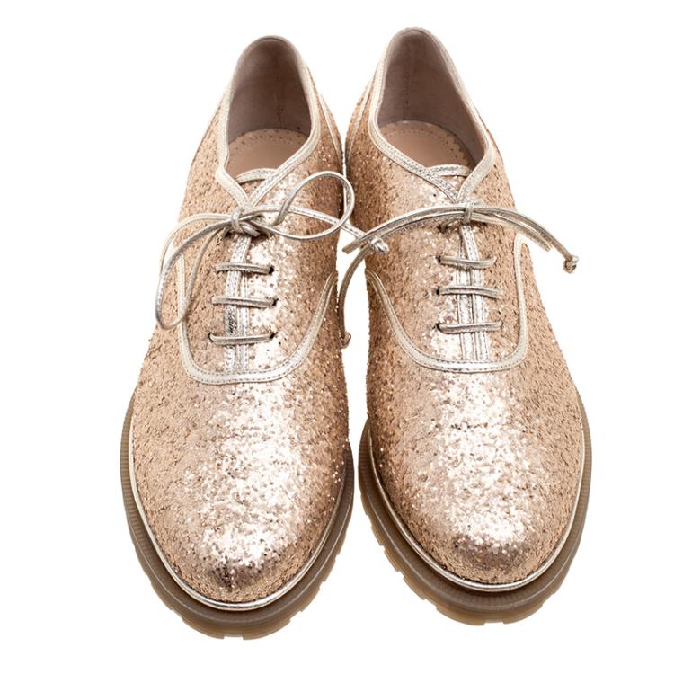 Pre Owned Charlotte Olympia Metallic Dull Gold Glitter Stefania Oxfords Size 38