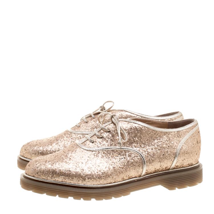 Pre Owned Charlotte Olympia Metallic Dull Gold Glitter Stefania Oxfords Size 38