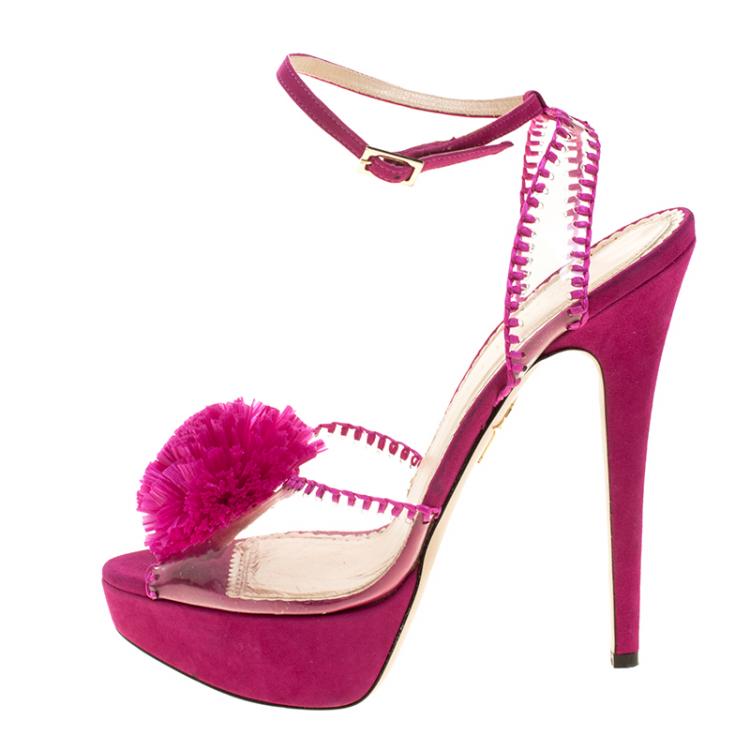 Pre Owned Charlotte Olympia Pink PVC and Suede Pomeline Peep Toe Platform Sandals Size 40