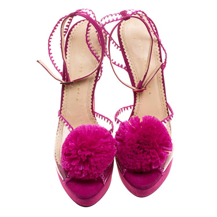 Pre Owned Charlotte Olympia Pink PVC and Suede Pomeline Peep Toe Platform Sandals Size 40
