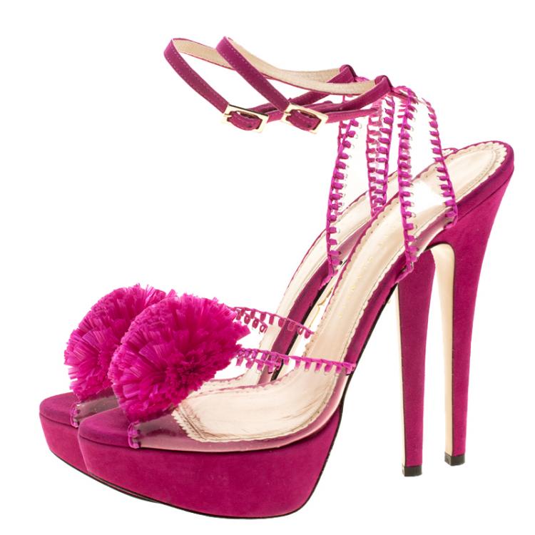 Pre Owned Charlotte Olympia Pink PVC and Suede Pomeline Peep Toe Platform Sandals Size 40