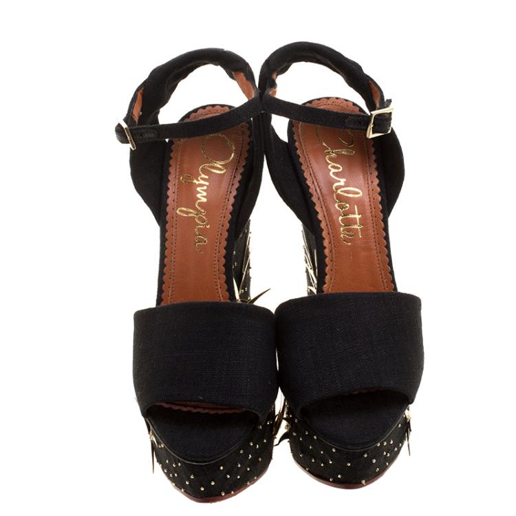 Pre Owned Charlotte Olympia Black Canvas Mischievous Peep Toe Embellished Wedge Sandals Size 37.5