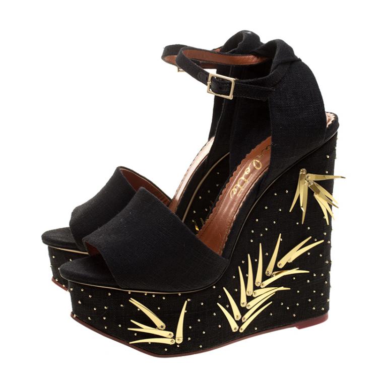 Pre Owned Charlotte Olympia Black Canvas Mischievous Peep Toe Embellished Wedge Sandals Size 37.5